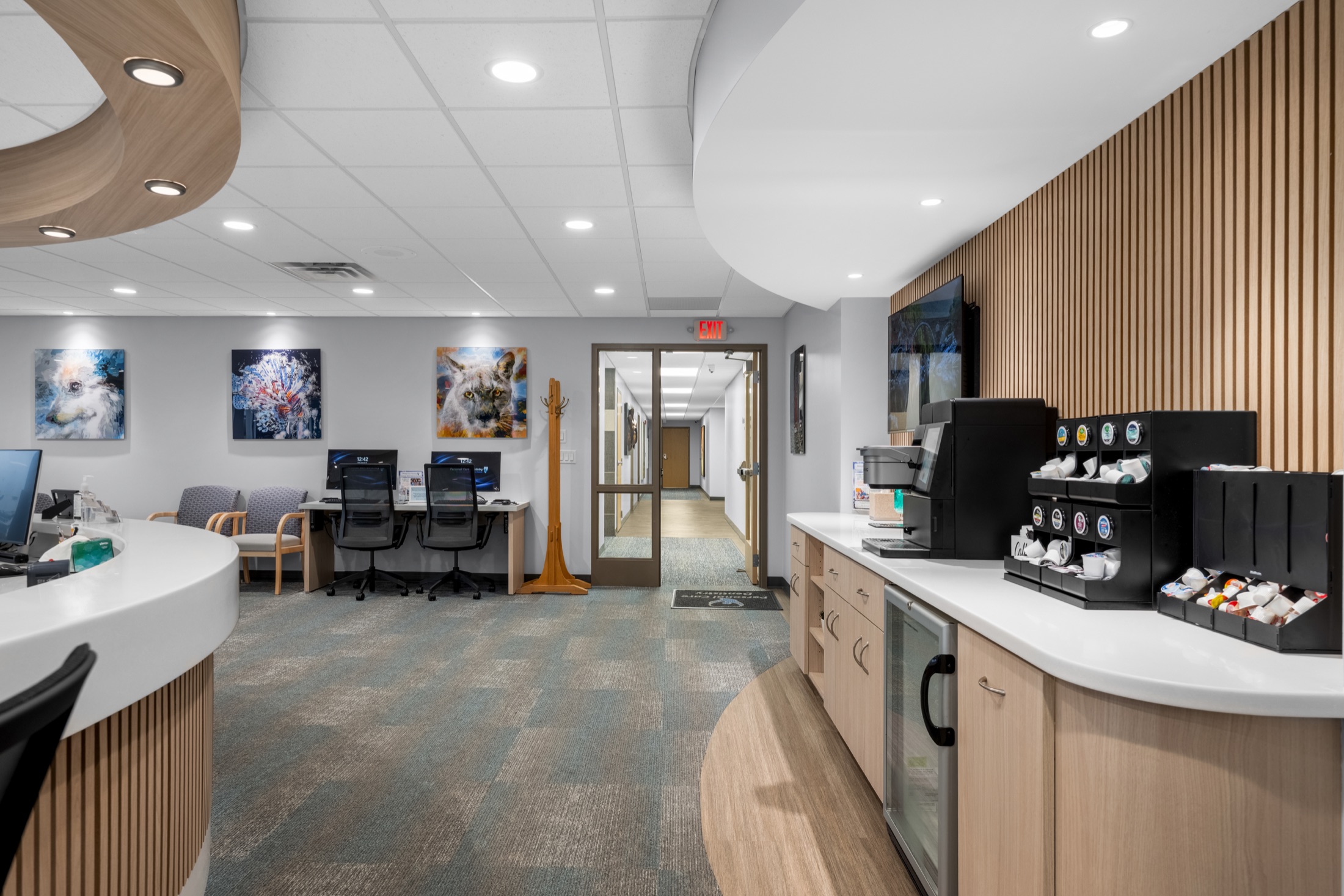 Refreshment area beside the reception desk and office hallway